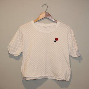 Vans x Leila Beige/White Checkered Boxy Crop Top with Embroidered Rose Detail